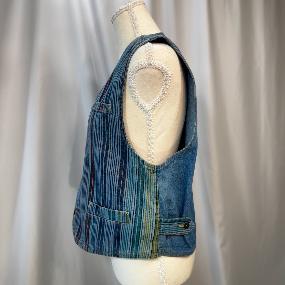 90s Multicolor Stripe Vest Small Denim Boho Indie Button Hippie Western Festival - Picture 8 of 16